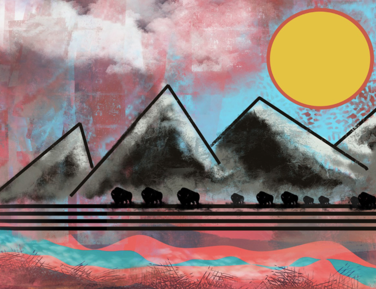 Buffalo Road by Tom Myer — artwork depicting buffalo silhouettes against mountain peaks under a golden sun, with a colorful sky and landscape.