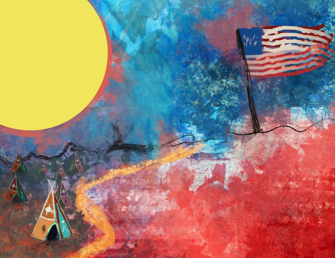 Encroachment by Tom Myer — artwork depicting Arapaho and Cheyenne homelands, a golden sun, teepees, and an American flag over a colorful landscape.