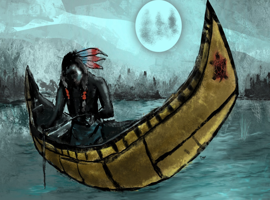 Painting by Tom Myer titled Moonlight Fishing — a figure in a canoe under a full moon, with a turtle motif on the bow.