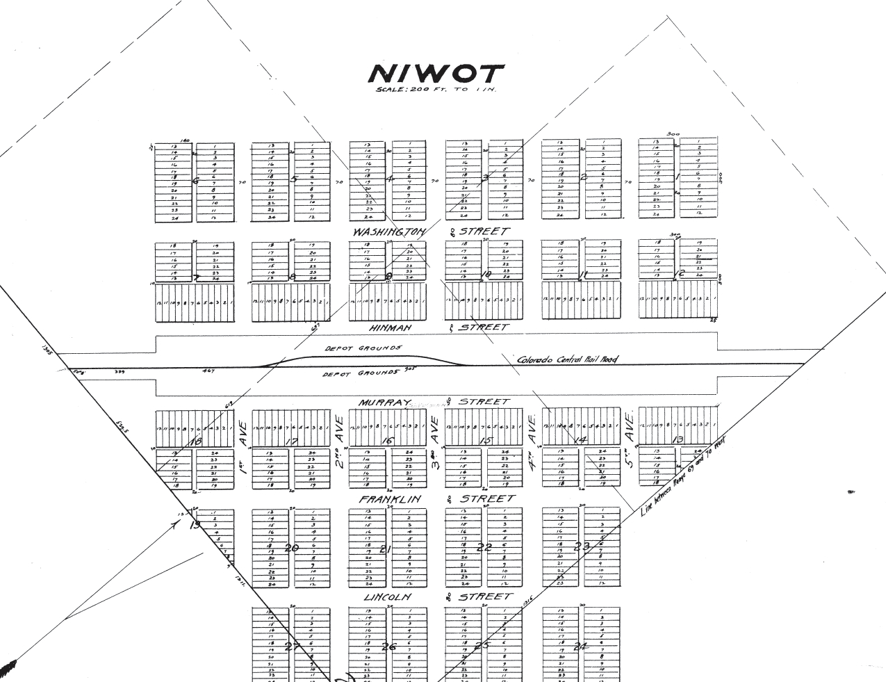 1875 platting map of the town of Niwot, Colorado, showing streets named after founders and officials.
