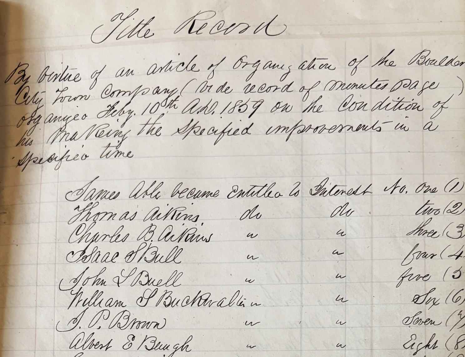 1859 handwritten record from the Boulder Town Company, showing original settlers claiming land in present-day Boulder County.