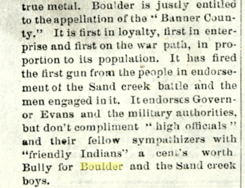 Jan. 27, 1865, Rocky Mountain News article praising Boulder County's support for the Sand Creek Massacre and calling it 'first on the war path.'