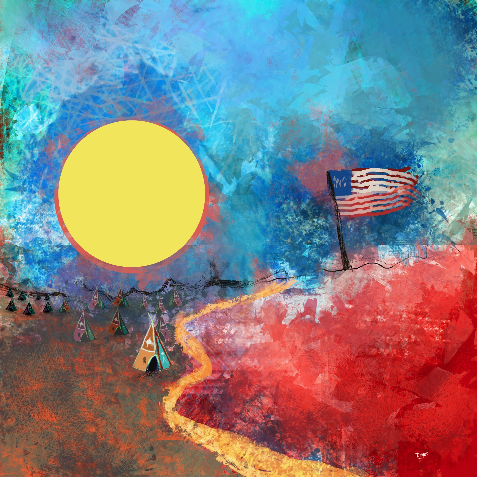 Encroachment — painting by Tom Myer depicting Arapaho tipis on a ridge beside a yellow sun, with an American flag staked into red ground, illustrating settler displacement of Indigenous peoples in the Boulder Valley.