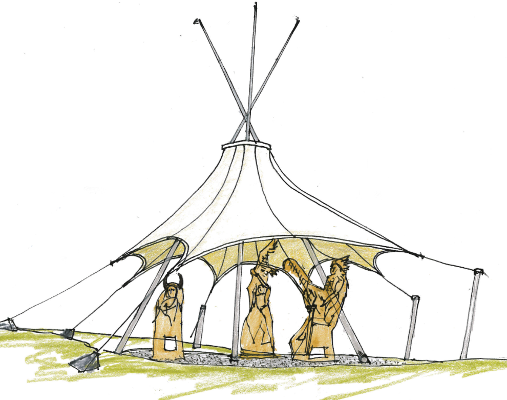 Hand-drawn concept sketch of a tipi-inspired tensile canopy shelter over the three Niwot tree carvings at Lefthand Valley Grange Park.